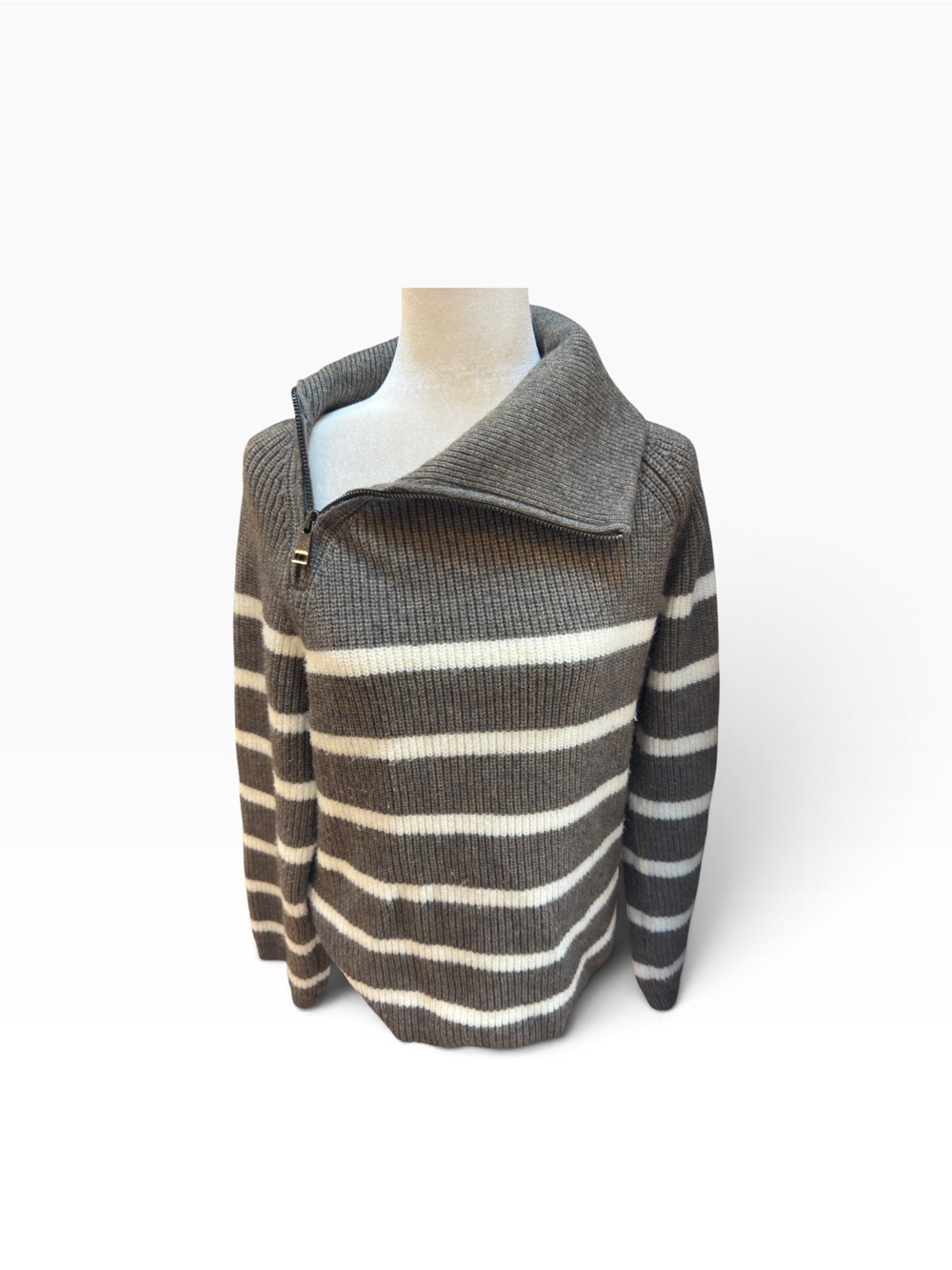 Hem & Thread Gray and White Striped Half-Zip Cowl Sweater